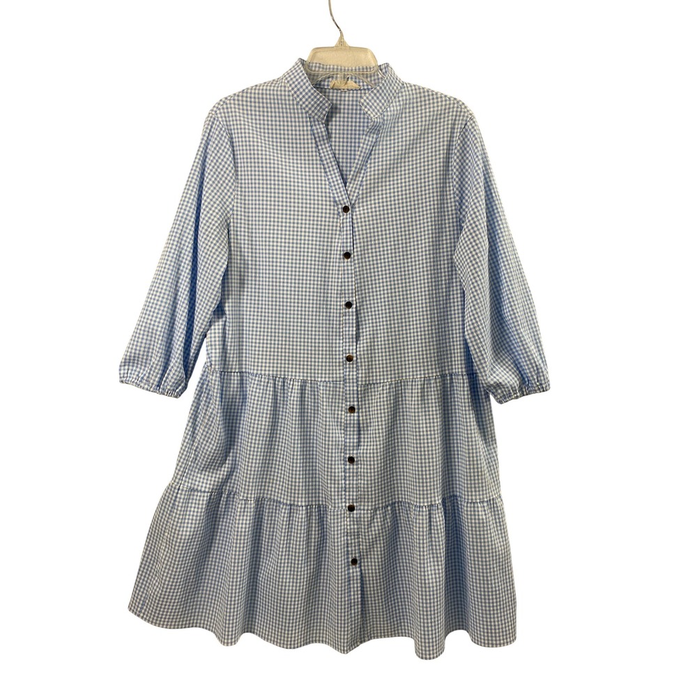 Anna Kaci Dress Womens Large Gingham Check Prairie Tiered Blue Button Up Boho